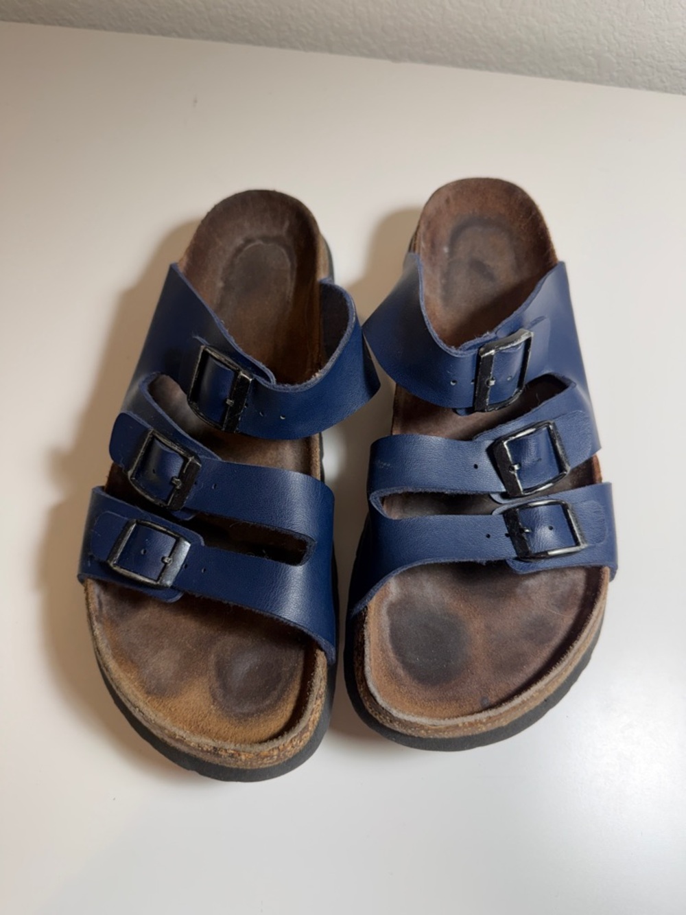 Birkenstock Triple-Buckle Leather Sandals in Navy